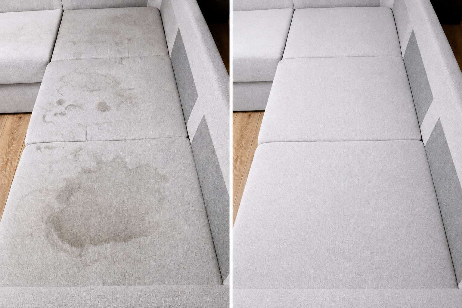 Before and after sectional sofa cleaning — water and pet stain removal by SoftNest
